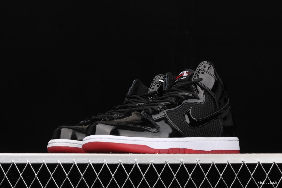 NIKE SB DUNK High Premium lacquered leather black and red high top casual skateboard shoes AJ7730-001