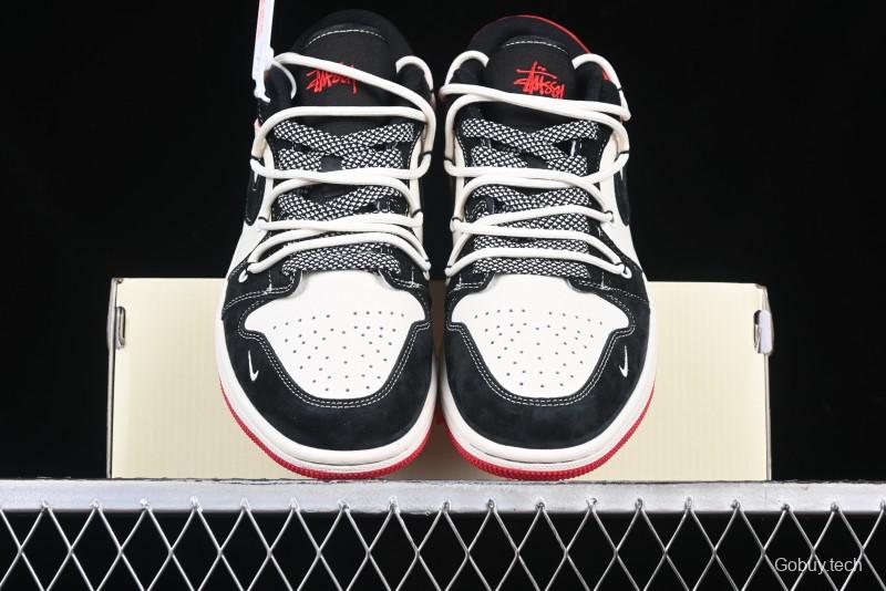 Nike Air Jordan 1 Low Stussy Collaboration - Black Red Custom High-End Retro Basketball Shoes - SJ9950-048