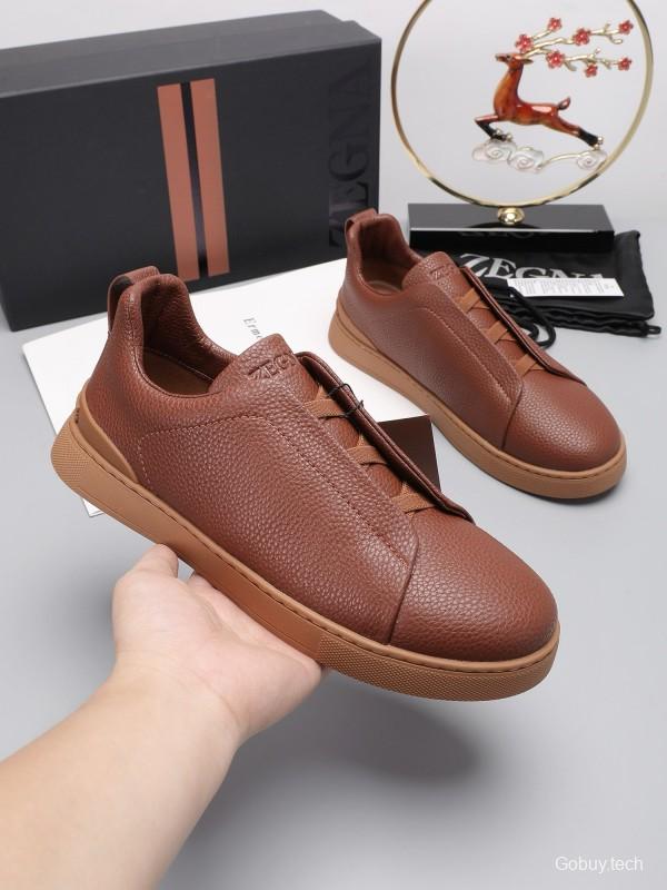 2024 Men Ermenegildo Zegna Brown Leather Low Top Sneakers MJ00240