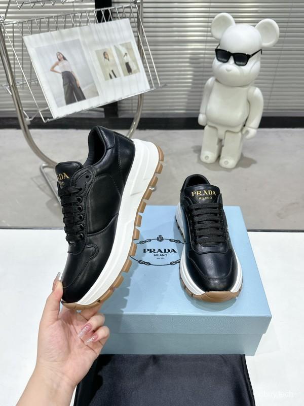 2025 Unisex Prada Black Calf Leather Sneakers KFY00310