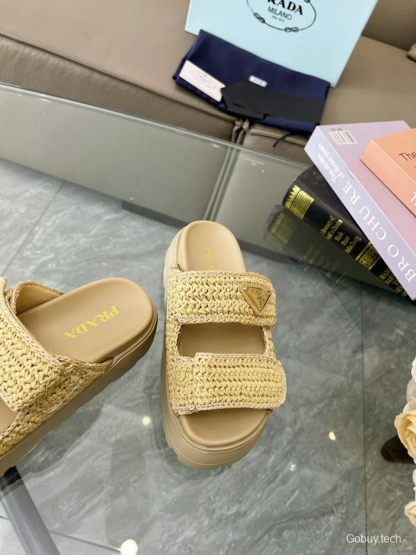 2025 Prada Beige Raffia Slippers LY00290