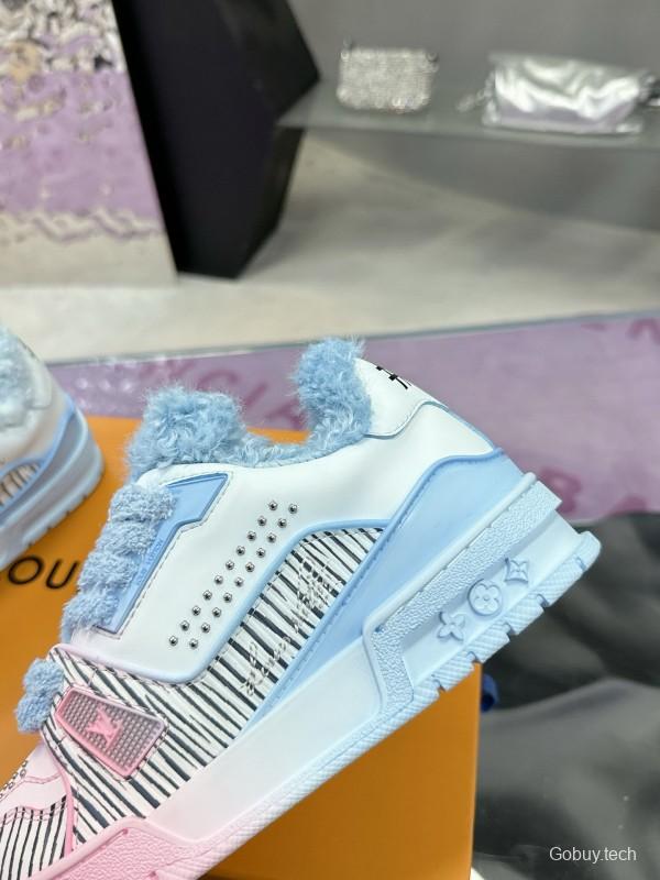 2024 Unisex Louis Vuitton Blue Pink Leather Sneakers