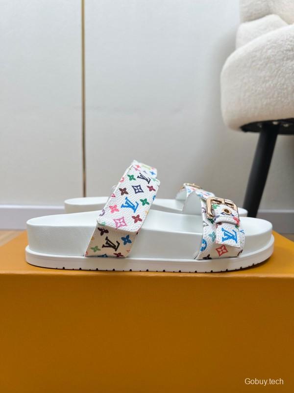 2025 Women Louis Vuitton White Multicolor Canvas Slippers KFY00280