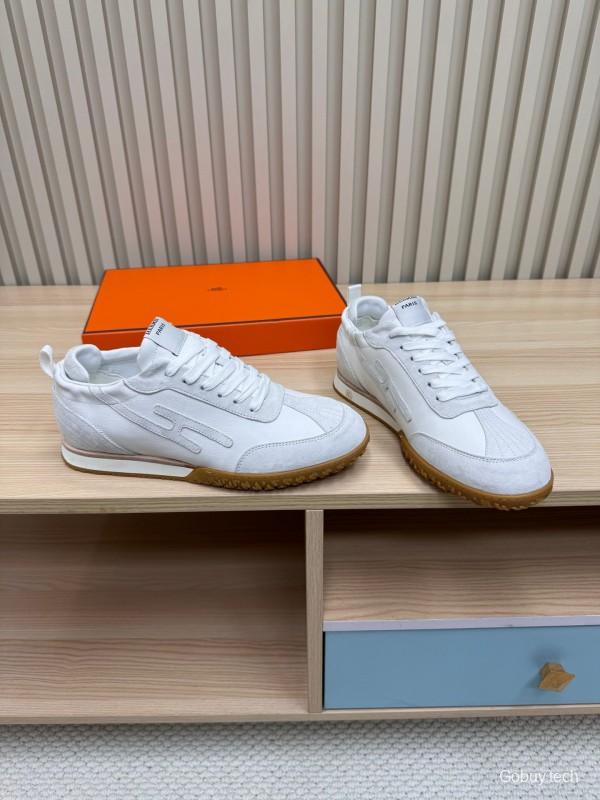 2025 Unisex Hermès White Suede Down Fabric Sneakers Top Version LY00310