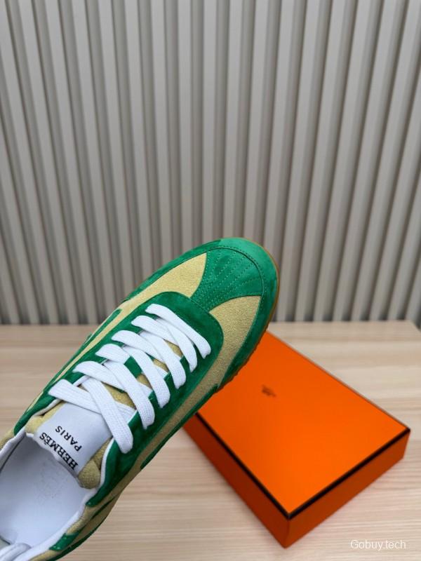 2025 Unisex Hermès Green Beige Suede Down Fabric Sneakers Top Version LY00310