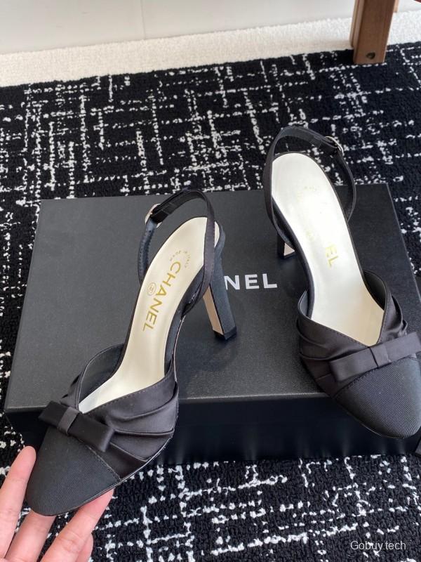 2025 Women Chanel Black Satin Leather High Heels Bow Slingback KFY00289