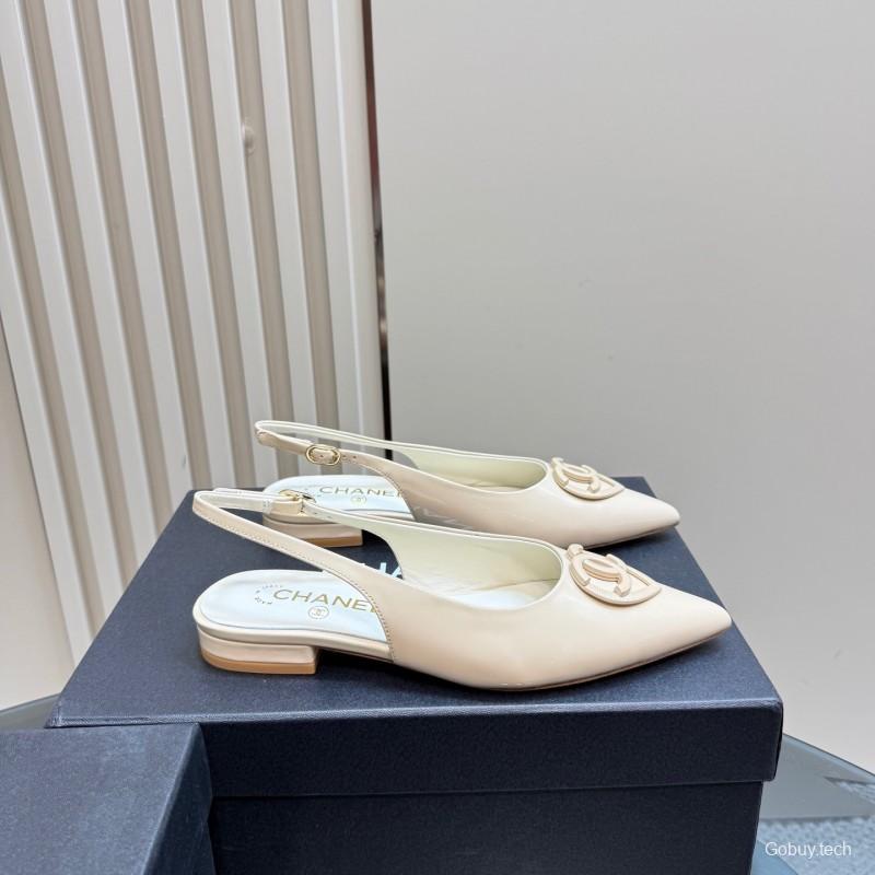 2025 Women Chanel Beige Patent Leather Slingback Heels KFY00290