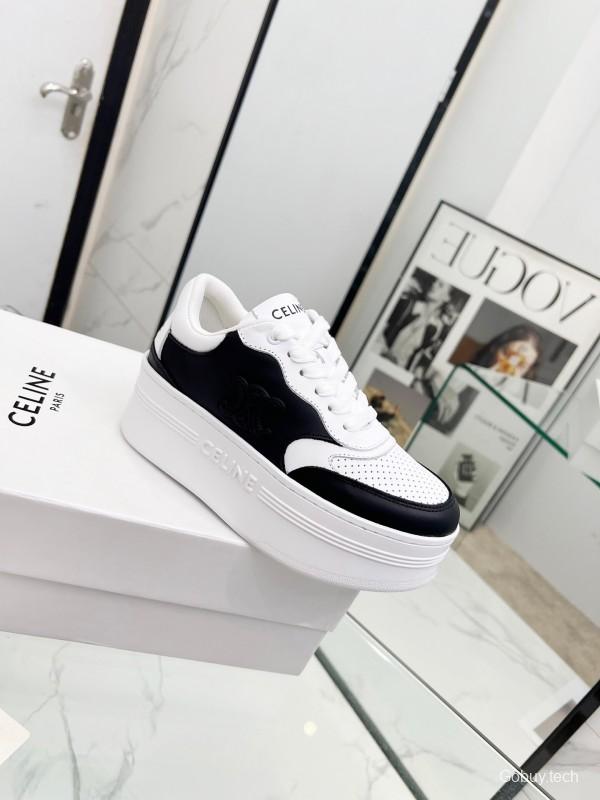 2025 Women Celine Black White Leather Platform Sneakers Block Triomphe LY00270