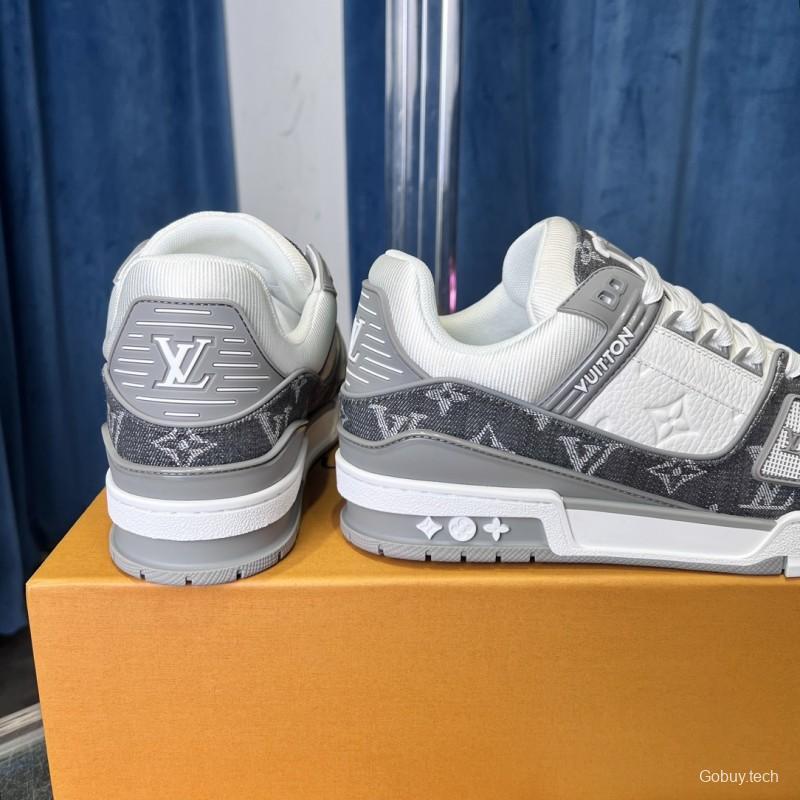 2025 Unisex Louis Vuitton Grey White Canvas Leather Sneakers