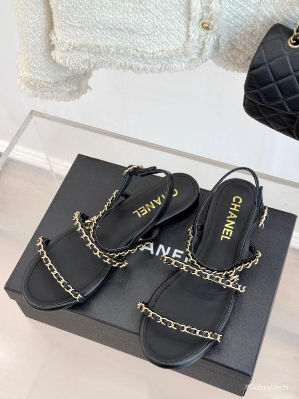 2025 Women Chanel Black Leather Slingback Sandals Chain KFY00270