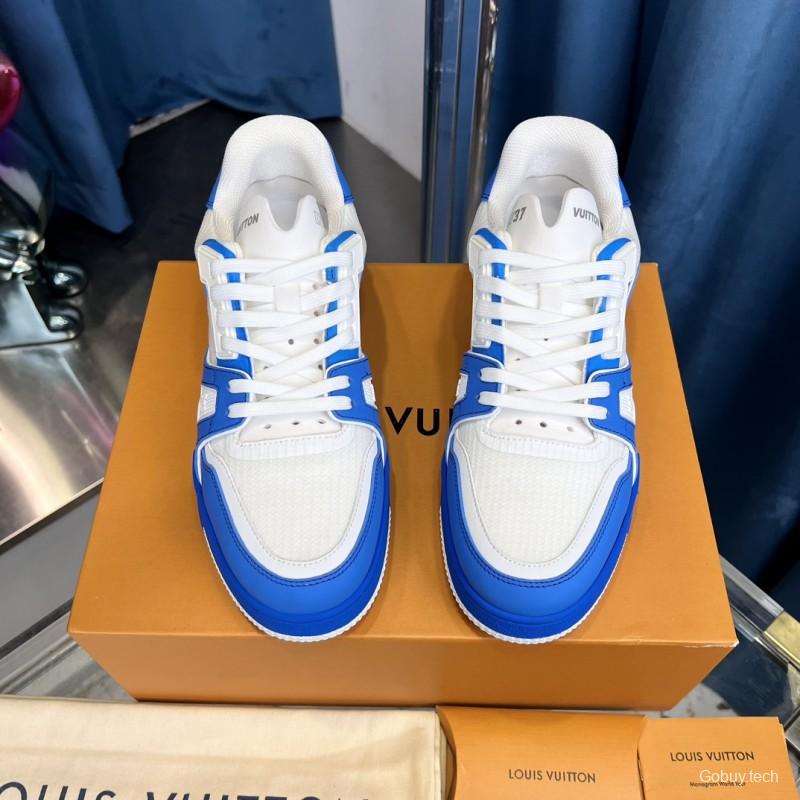 2025 Men Louis Vuitton White Blue Leather Trainer