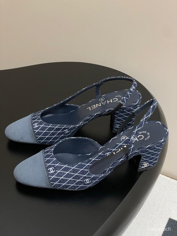 2025 Women Chanel Blue Denim Leather Sling-back Heels