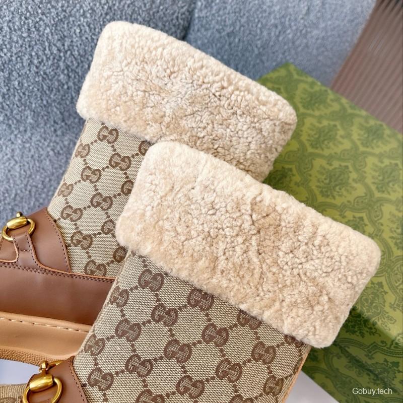2024 Women Gucci beige brown leather shearling snow boots MJ00420