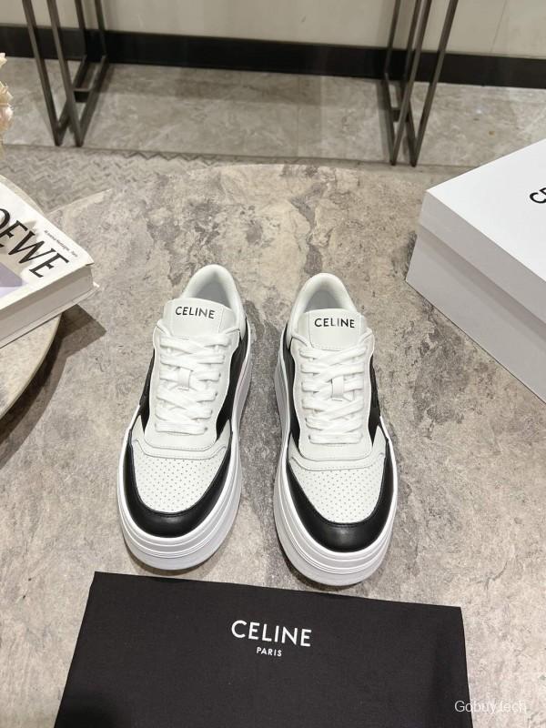 2025 Women Celine Black White Leather Platform Sneakers KFY00330