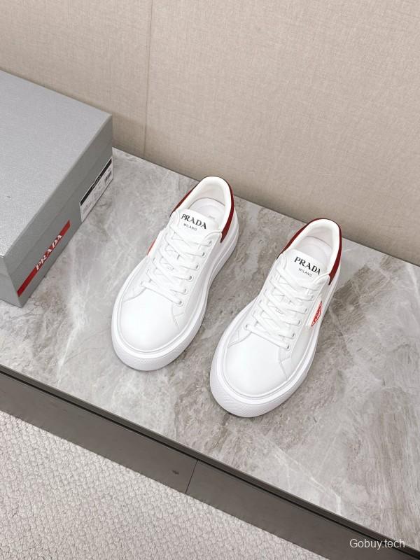 2025 Unisex Prada White Red Calf Leather Sneakers KFY00290