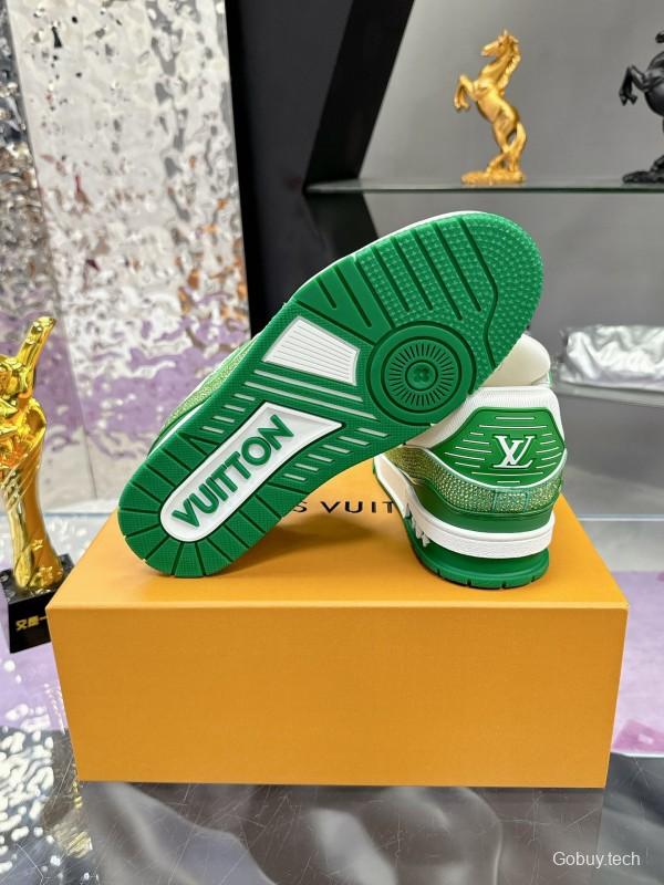 2025 Unisex Louis Vuitton Green White Leather Canvas Plimsolls Handcrafted Diamonds AS00400